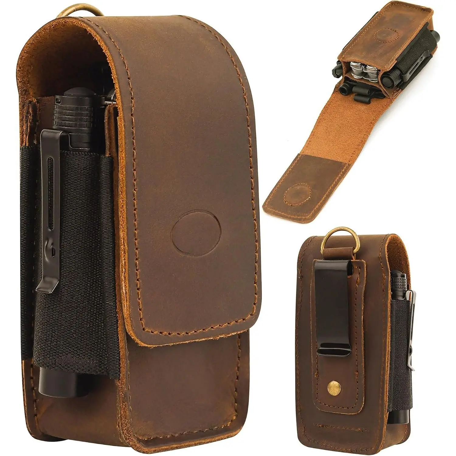 Leather EDC Multitool Sheath with Flip Closure | Leather EDC Belt Organizer | Flashlight Holster | Heavy Duty Multitool Organizer