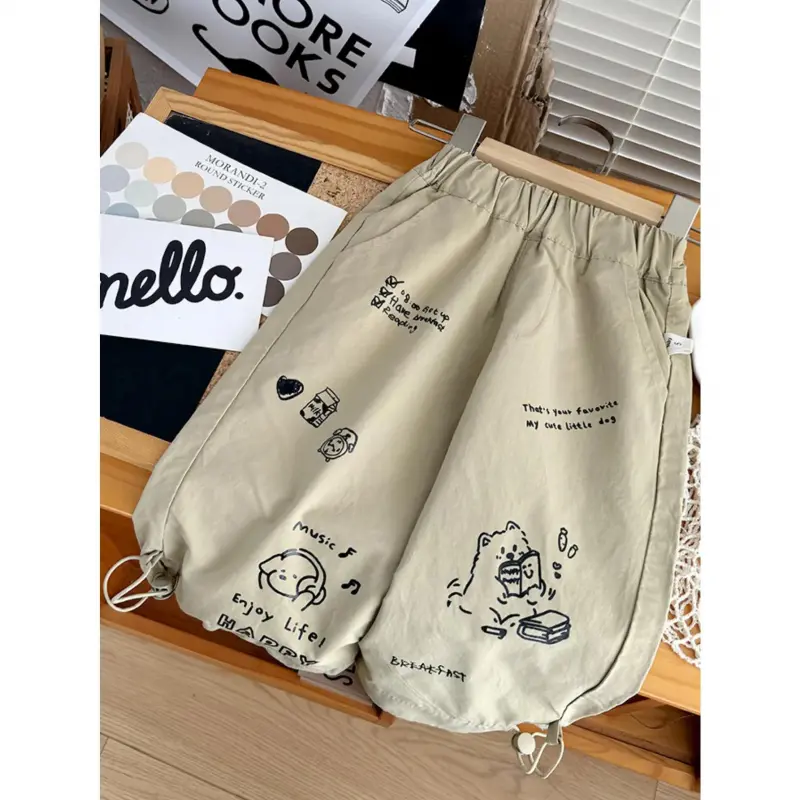 Boys' Korean Style Plain Cotton Full-Length Cargo Pants - Elastic Waist Belt, Cuffed Harem Leg, Loose Fit - Suitable for Casual, Outdoor Attire - Spring/Autumn Bottoms, Hand Wash Only, Do Not Dry Clean