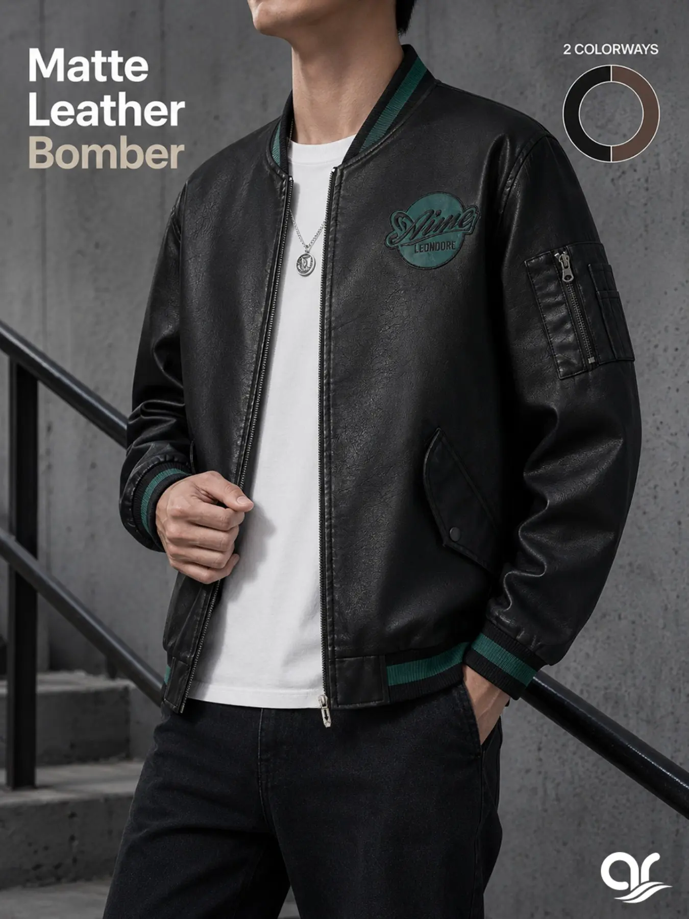 AR Men's Vintage Matte Leather Bomber Jacket Embroidered Streetwear Varsity Coat Casual Zip Up Biker Outerwear for Motorcycle, Skateboarding & Daily Fall Outfit Casual Functional Outerwear