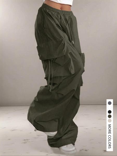 High Waist Drawstring Comfortable Wide Leg Cargo Pants, Casual Sporty Trousers, Elastic Cuffs and Fold over Pockets for Casual Street Style