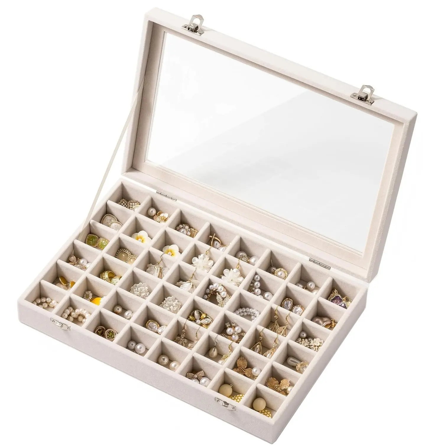 48 Grid Earring Organizer Box, Velvet Jewelry Tray with Lid, Dustproof Organizer Boxes, Storage for Earrings, Rings, Necklaces, Makeup Table, Girl & Women, Accessory Holder
