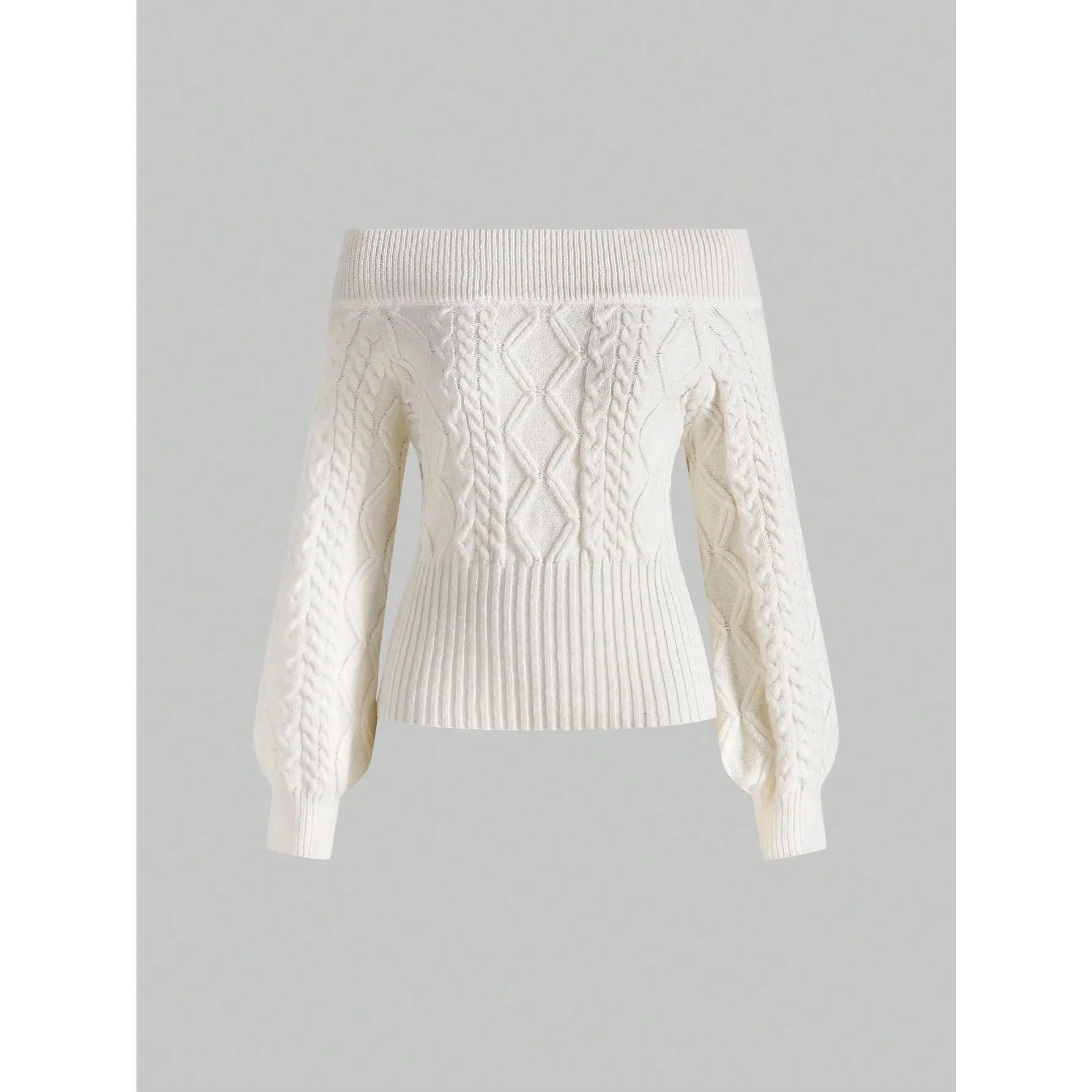 Spring Casual White Romantic Thick Knit Z-Pattern Deep Floral Gray Off Shoulder Lantern Sleeve Pullover Sweater