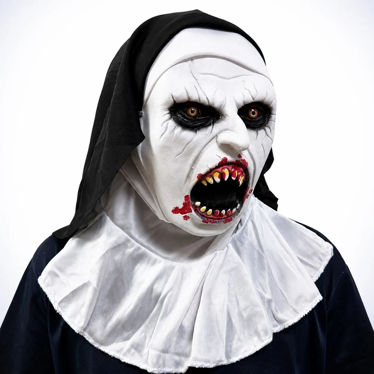 Creepy Evil Nun Mask for Halloween, Scary Full Head Demon Nun Latex Mask with Bloody Teeth and Veil, Horror Cosplay Party Costume