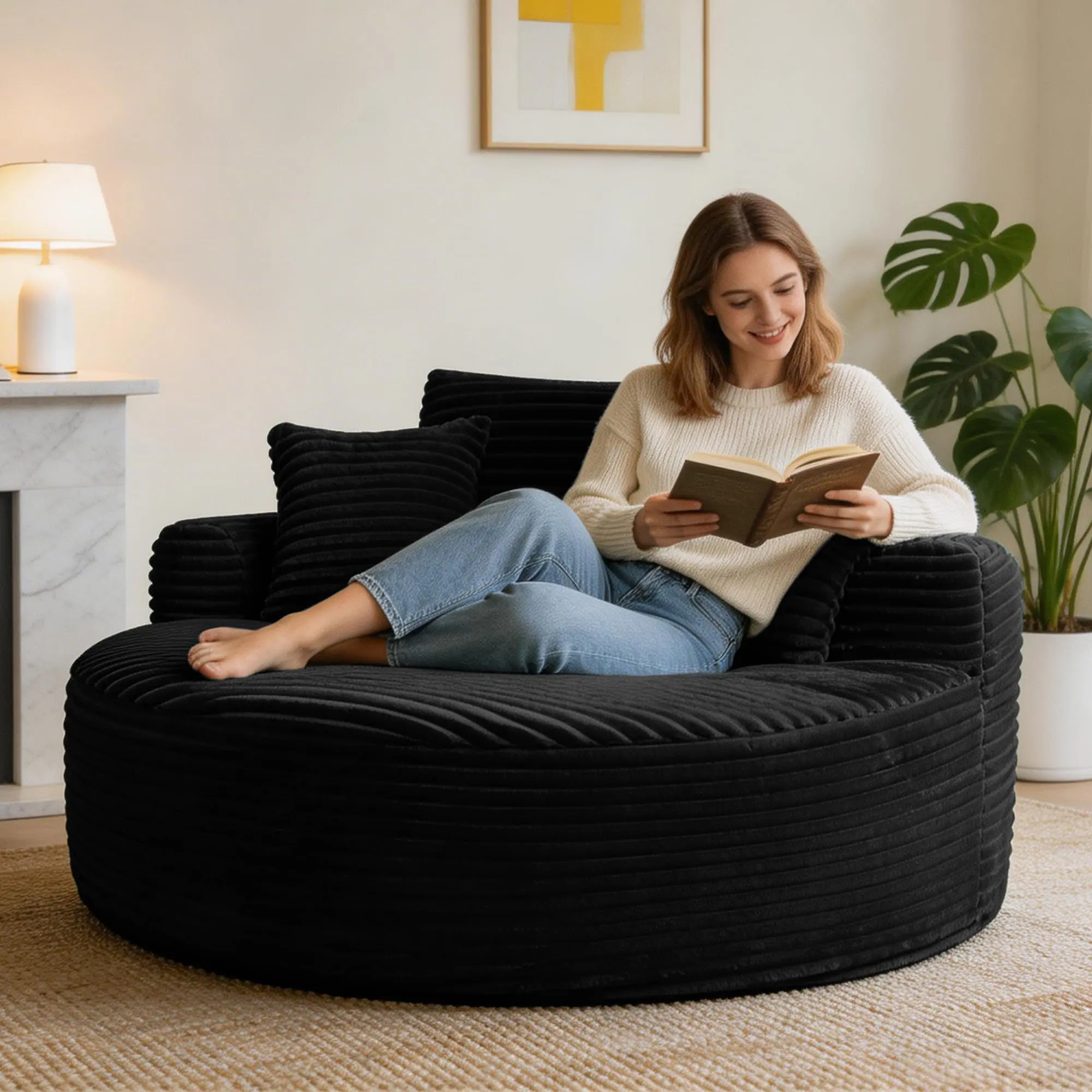 55'' Oversized Round Chaise Lounge Chair – Deep Seat Corduroy Circle Chair with 3 Pillows, Fluffy Indoor Chaise for Living Room, Bedroom, Reading Nook
