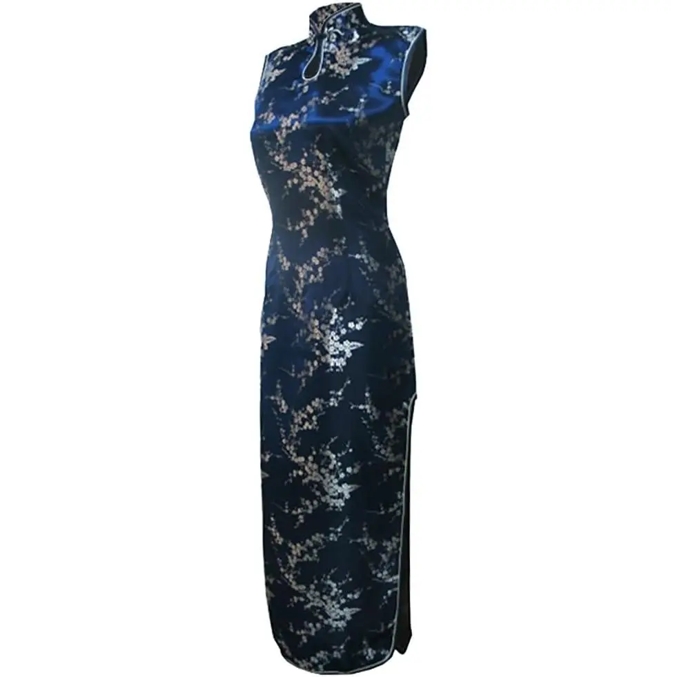 Women's VTG Navy Blue Keyhole Long Cheongsam Chinese Dress