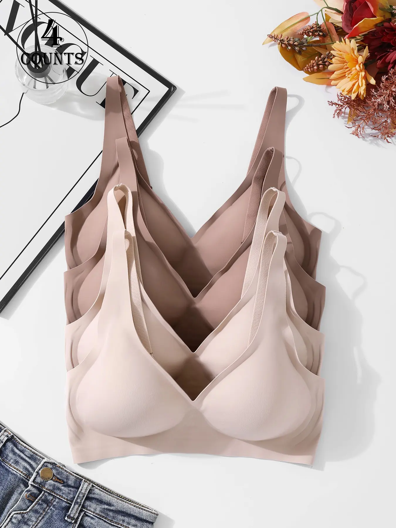 4 Pack /4 colors available ,Women's Seamless Jelly V-Neck Bra, 2 Rows 4 Hooks, Adjustable Sports Bra, Full Coverage, Comfortable Breathable, Breathable Workout Bra, XS-Xxxl, 4 Colors Available