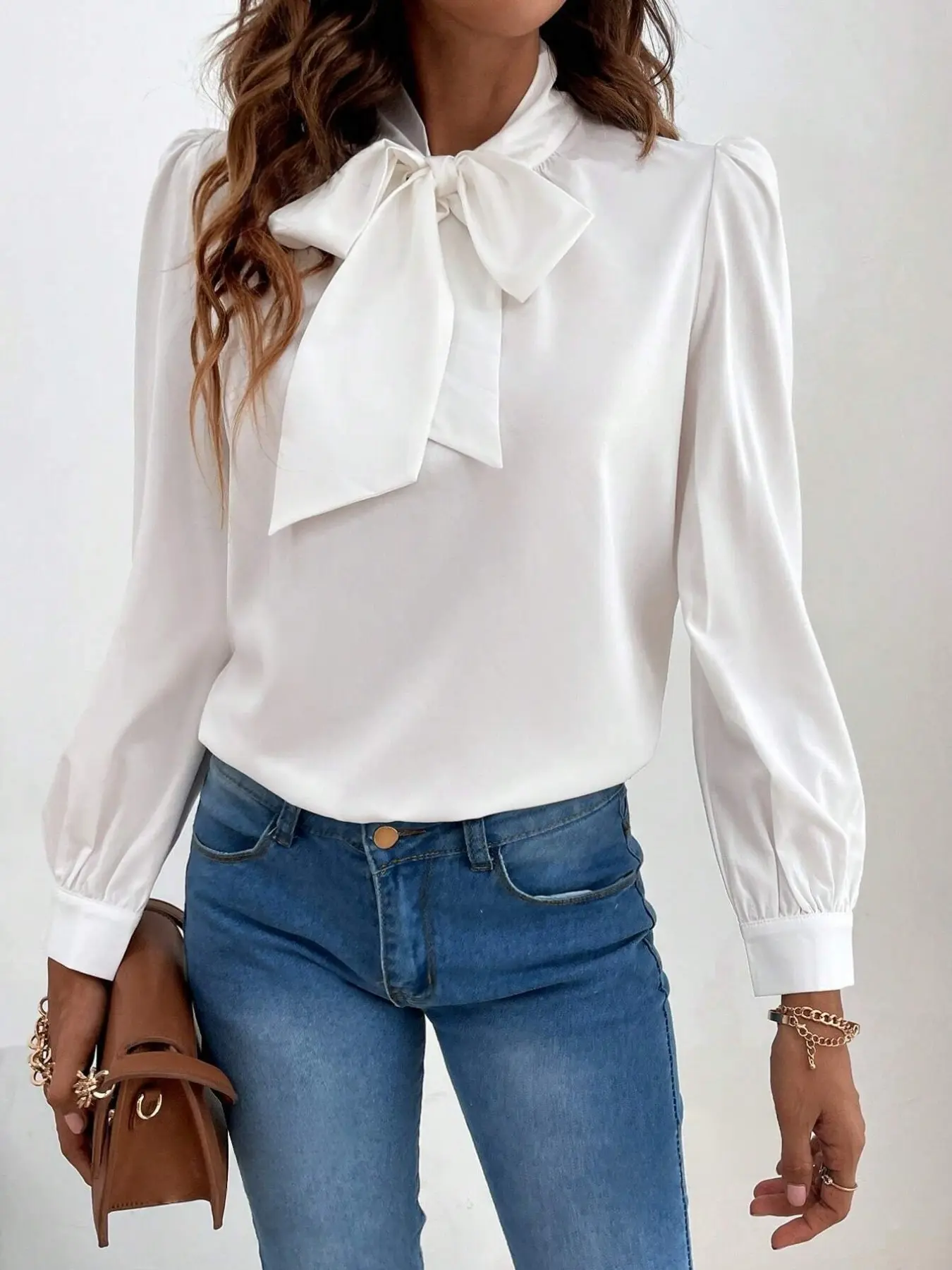 Elegant Satin Shirt for Women, Bow Stand Collar Bubble Long Sleeve, Commuter Business Casual Top, Stylish Office Wear
