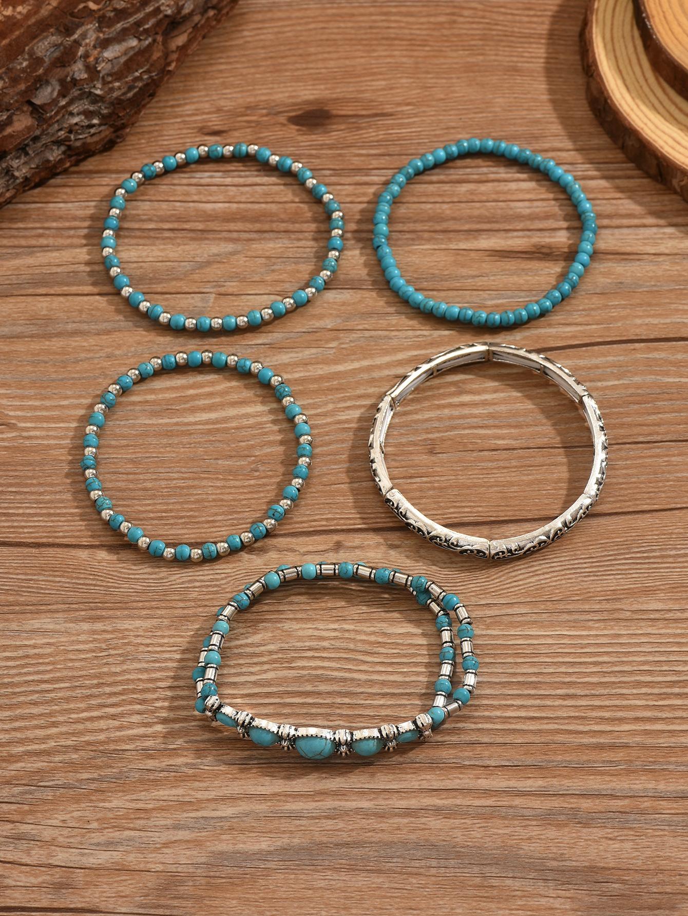 Turquoise beaded DIY bracelet - Bohemian style handcrafted multi-piece jewelry set