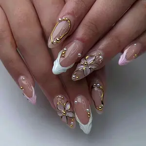 24pcs Romantic French Acrylic False Nails, Shiny Design with Glitter Base, Almond Shape, Thread & Pearl Accents, Reusable for Weddings