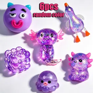 6pcs Random Color Crystal Glitter Powder Toy Set, Stress Relief Squeeze Toys, Cute Face Mallow Squishy, Halloween Gift