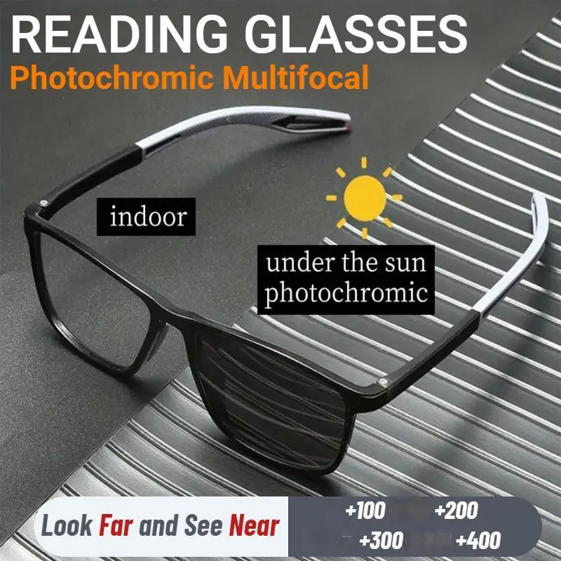 Unisex Rectangular Reading Glasses - Durable TR90 Frame, Photochromic Multifocal Resin Lenses, Blue Light Blocking, Scratch Resistant, Lightweight, Compact, +1.0 to +4.0, 1pc, Great for Office Tasks & Indoor/Outdoor Use, Blue Light Blocking Lens