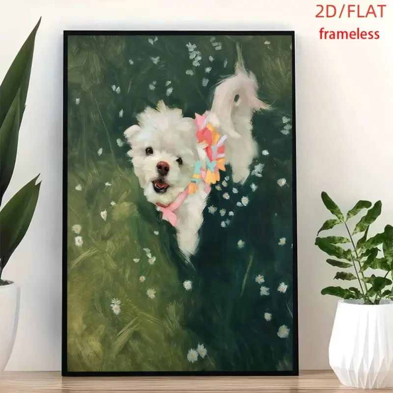 framelessMaltese Frolics In Daisy Field Art Decor Print Poster, Wall Art for Living Room, Bedroom, Office, Dining Room & Bar, Perfect Gift & Home Decor, 12in x 16in