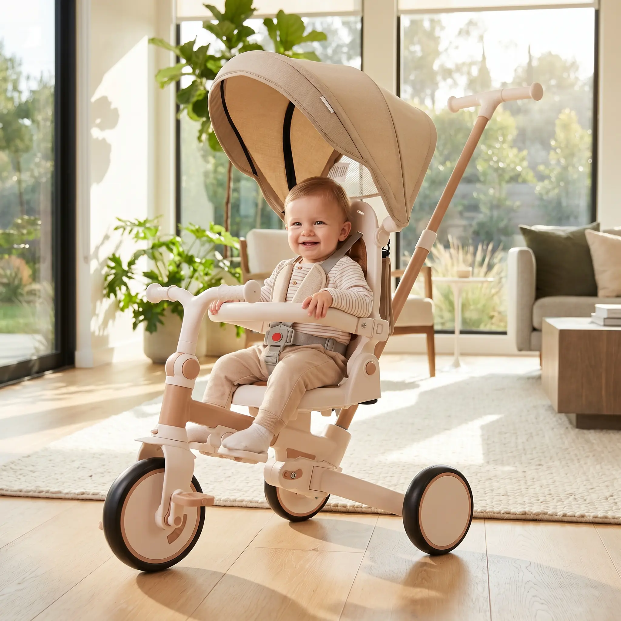 7-in-1 Quick-Fold Tricycle Stroller - Lightweight Aluminum Alloy Safety Harness 3-Wheel Ride-on Bike for 12-72 Months Kids, Adjustable Parent Handle, Detachable Canopy, Safety Guardrail, Push/Child-Powered Multifunctional Lightweight Stroller