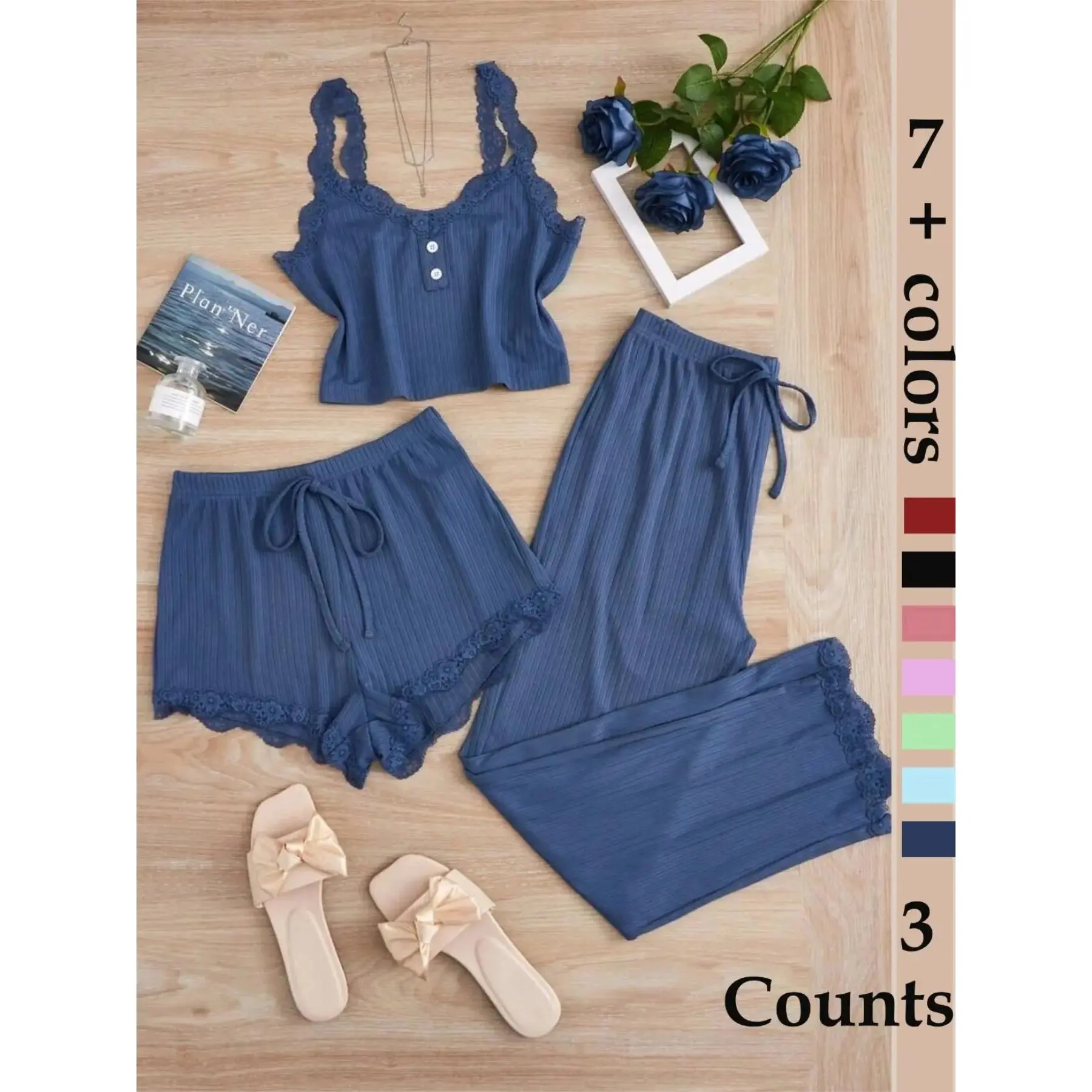 Women's Sleepwear Set, Three-Piece Round Neck Lace Trim Pajamas, Pjs,dolphin shorts,Soft Breathable Comfort Casual Home Wear, Tank Top Shorts Long Pants, Loungewear