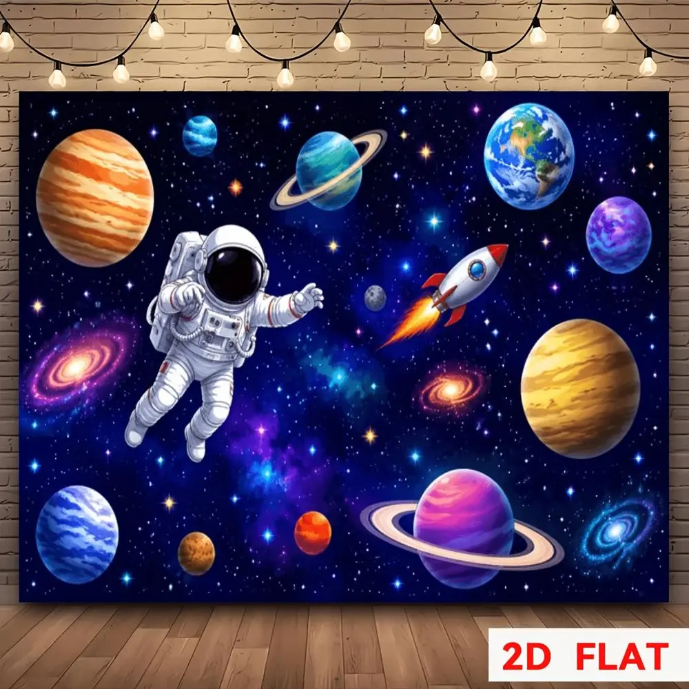 2D Flat Banner outer space astronaut planets themed HD digitally printed polyester photography backdrop, soft lightweight foldable background cloth for photo shoots, parties, event decor, portrait photography,