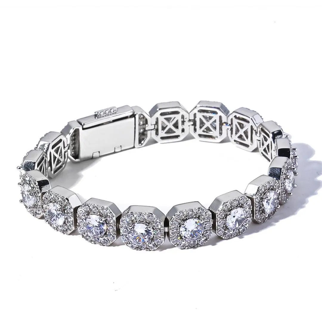 Iced Out Square Halo Cubic Zirconia Tennis Bracelet - Hip Hop Unisex Cluster Links Crystal Stones Bracelet with Resizing Clasp for Everyday Wear, Everyday Wear Jewelry