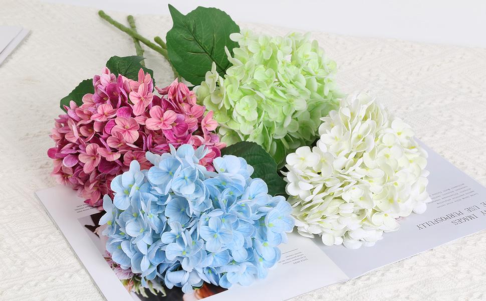 4PCS Real Blue Hydrangea Artificial Flowers 21'' Large Latex Fake Hydrangea Flowers Faux Hydrangea with Stem for Wedding Home Table Centerpieces Indoor Baby Shower Decorations (Blue)