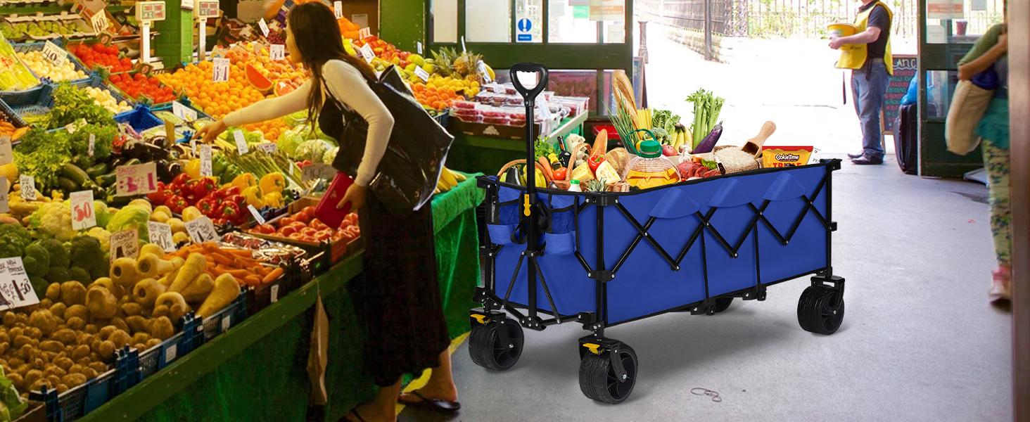 Extended Collapsible Foldable Wagon with 660lbs Weight Capacity, Heavy Duty Folding Utility Garden Cart with Big All-Terrain Beach Wheels & Drink Holders. Royal Blue