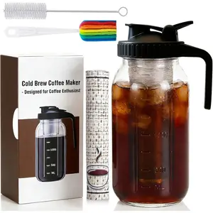 Cold Brew Coffee Maker, 64oz Cold Brew Pitcher with Stainless Steel Filter & Coffee Mat, Glass Cold Brew Mason Jar with Airtight Lid, Cold Brew Brewer Kit Tea Infuser Pitcher, Gifts for Coffee Lovers
