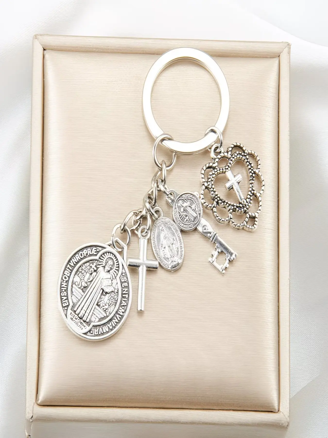Religious Novelty Keychain, Circle Keychain with Multiple Accessories, St. Benedict Mary Cross Keychain, Prayer Guardian Keychain Pendant
