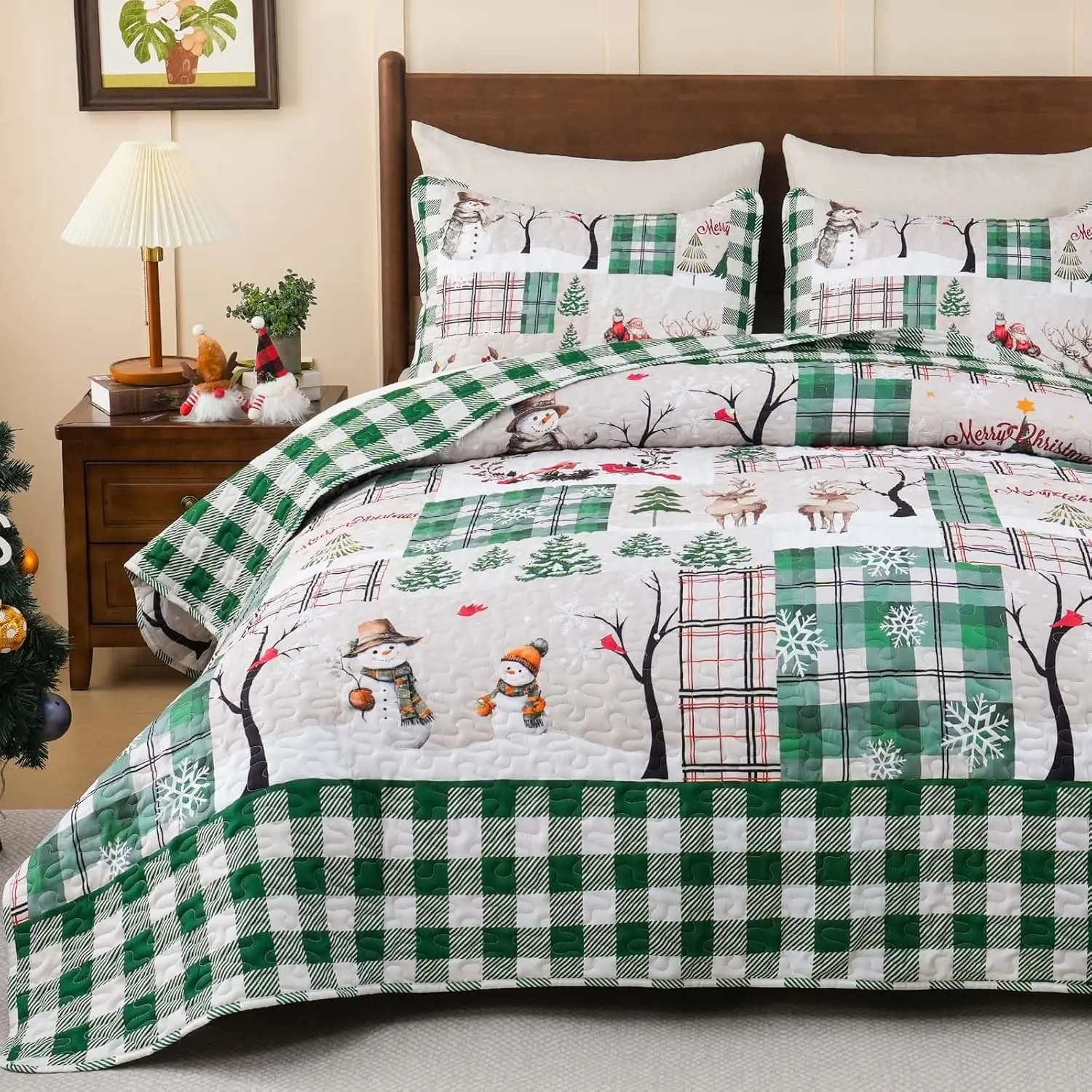 3 Pieces Christmas King Size, Rustic Christmas Tree Bedding Sets Reversible, Soft Lightweight Patchwork Bedspread Coverlet with 2 Pillowcases for Xmas Decorations, 90" x 104"