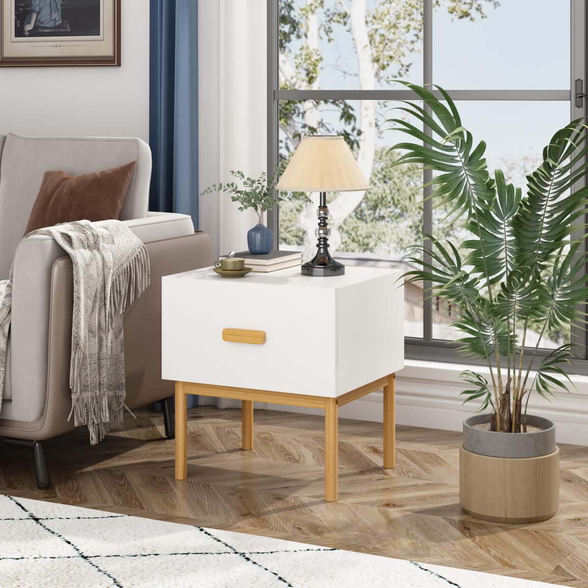Modern White Nightstand with Drawer and Wood Legs, Minimalist Bedside Table with Handle for Bedroom, Living Room, Apartment