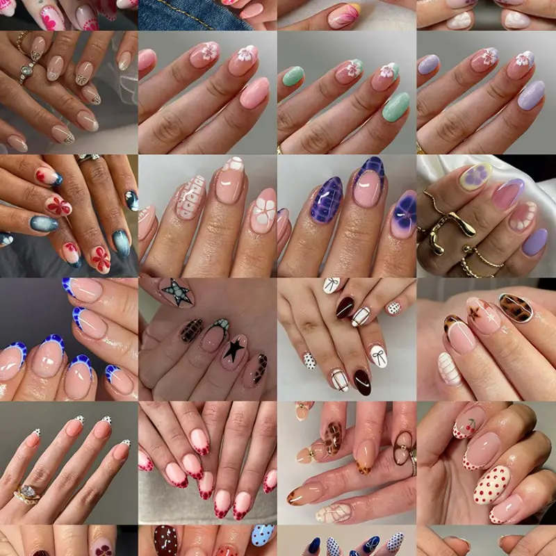 576 Pieces Short Square Fake Nails, Nail Set, 3D Butterfly Heart Polka Dot Stripes, Wine Mix, Easy Wear Nail Art for Women Girls