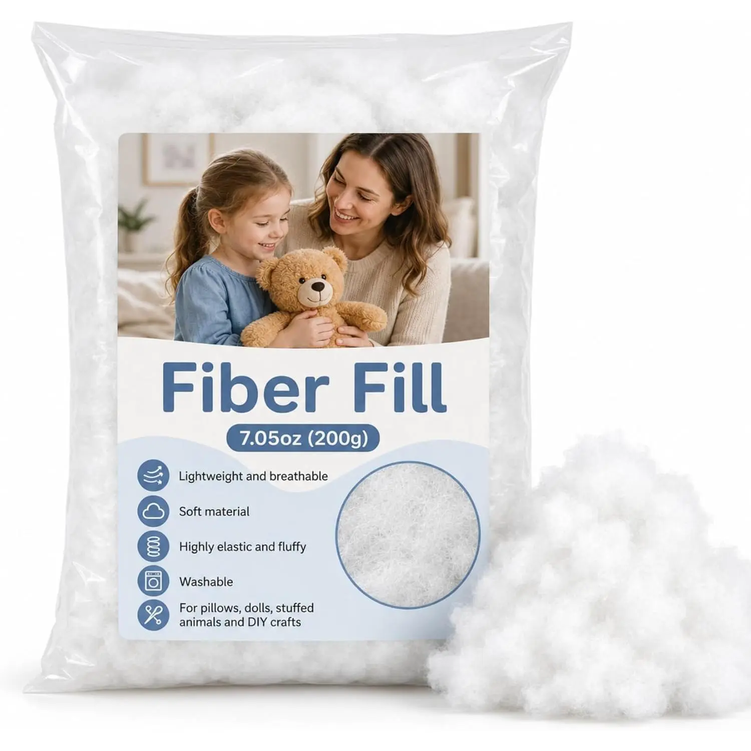 RAINFLOW Polyester Fiberfill Stuffing - 7.05oz Polyfill for Pillow Stuffing, Stuffed Animals and DIY Crafts, Firm Support Filling for Small Dolls, Cushions and Sewing Projects