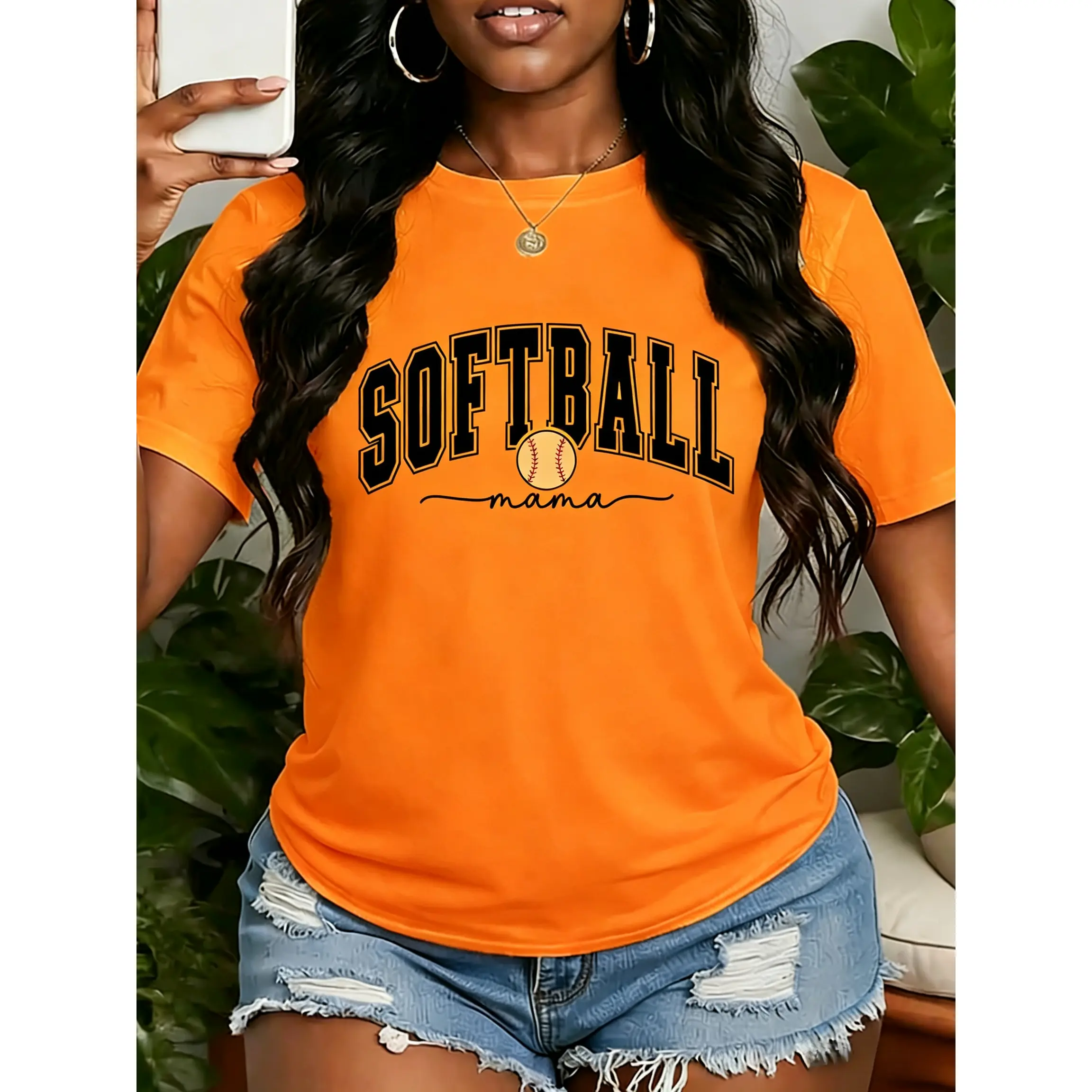 Cute Softball Mom Print T-Shirt, "Softball Mama" Varsity Letter Softball Ball Cursive Graphic Short Sleeve Crew Neck Top, Women Sports Daily Outfit