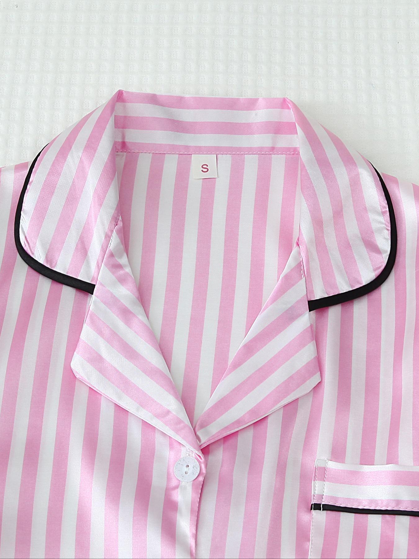 Two-Piece Set Women's Striped Print Lapel Neck Pocket Shirt & Bow Decor Pants Satin Pyjama, Long Sleeve Button Up Top & Trousers PJ Set, Women's Sleepwear for Spring & Fall