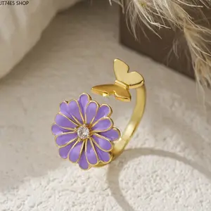 Free rotation three-dimensional flower ring female ins tide opening metal copper inlaid zircon cute ladybug butterfly ring