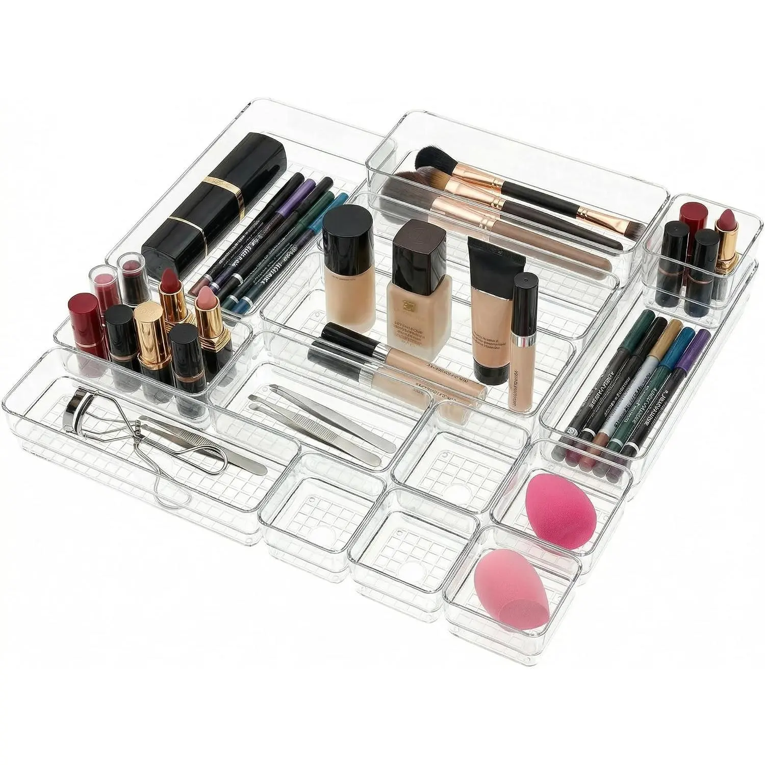 Clear  Makeup Organizer and Make Up Storage for  - 4 Sizes Multi-layer Plastic  Storage Organizer Bins and Drawer Divider Set - Makeup Drawer Organizer and  Storage Bin