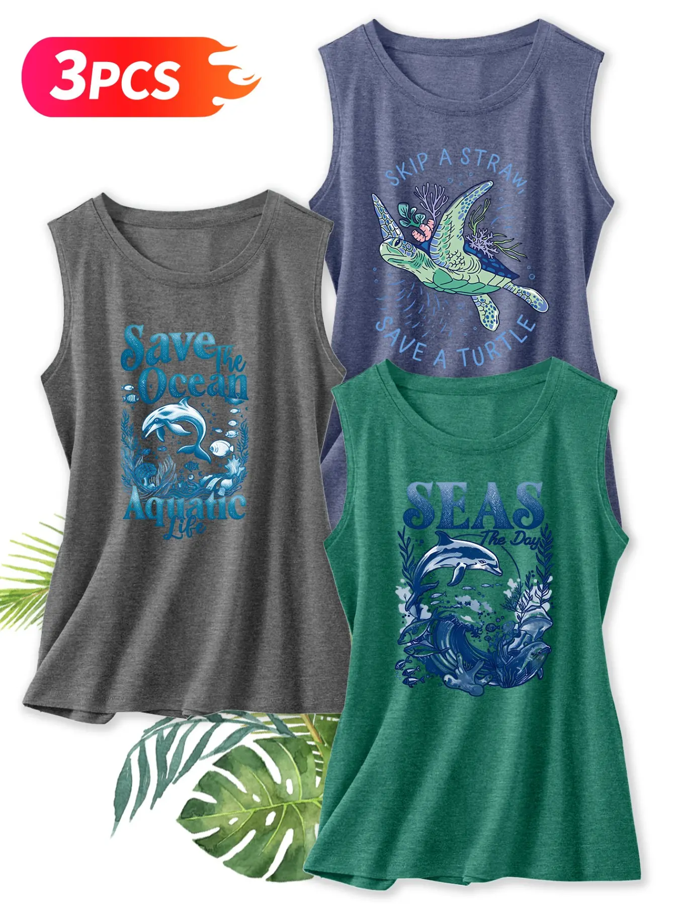 3Pcs Women Crew Neck Tank Top, Sleeveless Clothes, Dolphin Turtle Ocean Conservation Themed Print, Multi-color Washable Spring Summer Top, Soft Skin-friendly Fabric Daily Versatile Fashion Design