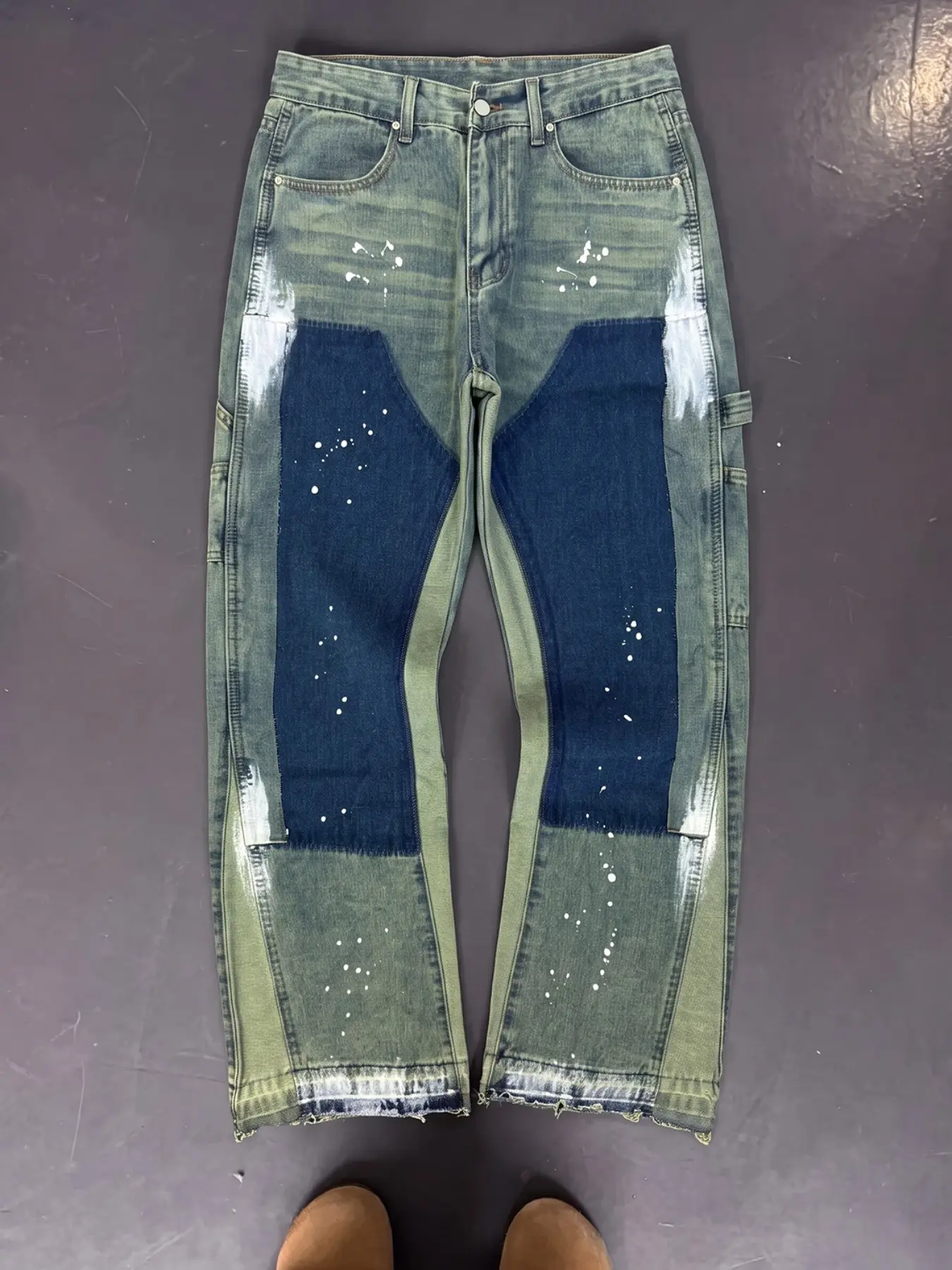 Y2K High Street Colorblock Patchwork Jeans with Pockets for Men, Vintage Washed Paint Splatter Multi-Pocket Micro-Ripped Long Pants
