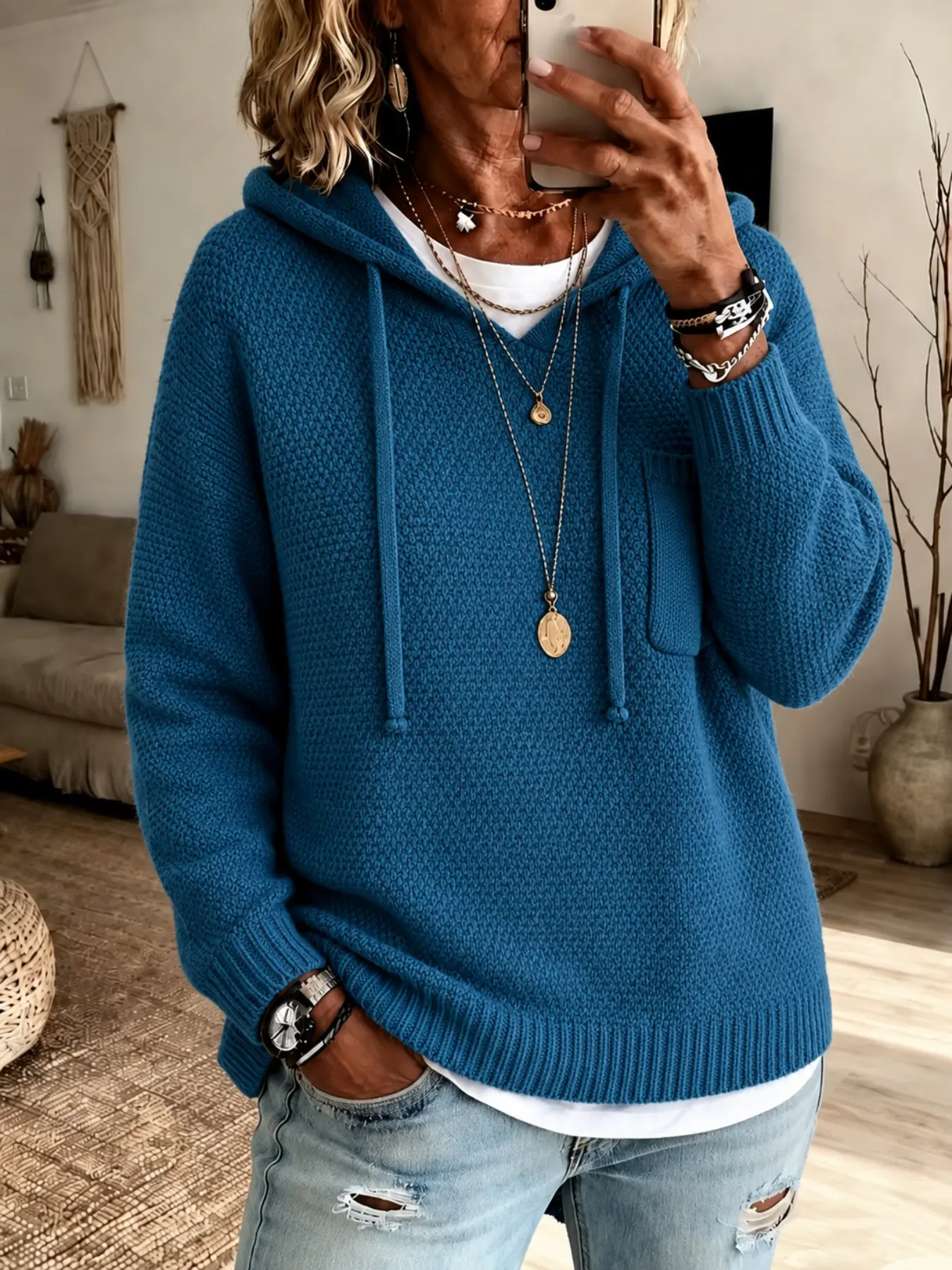 Plus Size Women's Hooded Drawstring V-Neck Knit Sweater, Long Sleeve Drop Shoulder Loose Fit Pocket Decorated Top, Casual Fall Winter Thick Knitwear
