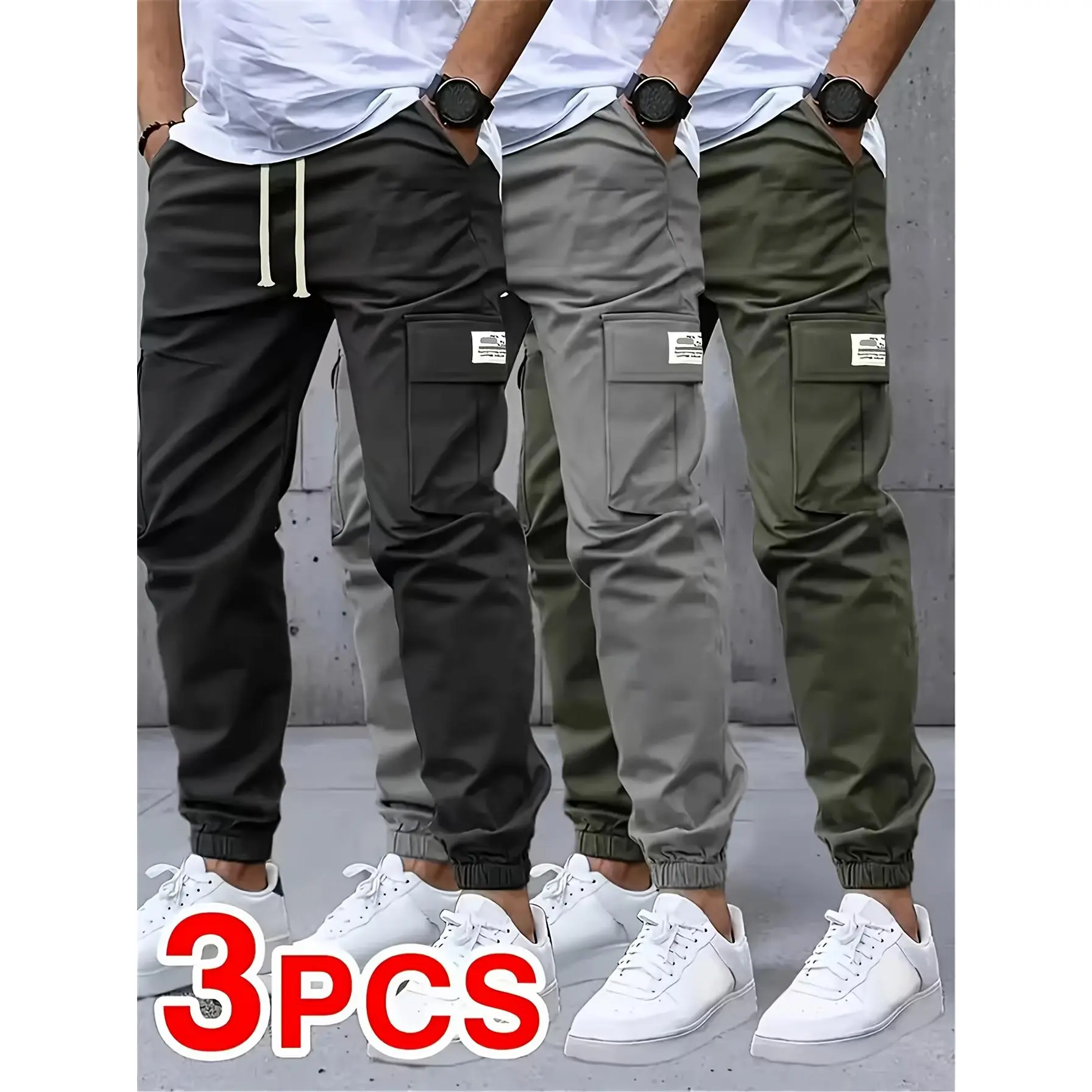 3-Pack Men's Casual Solid Work Pants - Casual Overalls - Multiple Flap Pockets, Front Drawstring, Outdoor Work Pants, Running Pants, Casual Overalls with Pockets, Non-Stretch Solid Color, Regular Fit Work Pants for All Seasons