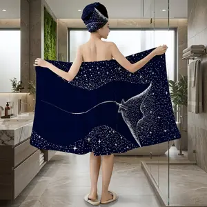 2Pcs Starry Sky Manta Ray Print Bath Wrap Towel with Hair Turban, Plus Size M-XXXXL No-Slip Shower Skirt, Soft Absorbent Towel Wrap for Women, Ideal for Summer Beach, Spa, Travel, Birthday & Holiday Gifts
