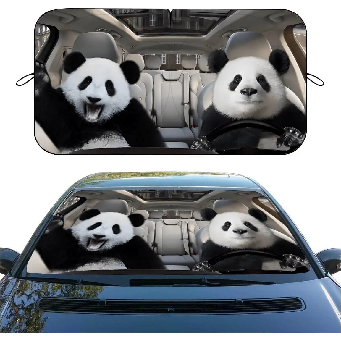 Funny Panda Car Windshield Sunshade, UV Heat Reflector Sun Visor Protector, Foldable Car Sun Shade, Universal Automotive Car Accessories for SUV Truck Van, 59" L X 31.5" W