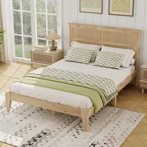 Full Size Natural Rubber Wood Platform Bed, Rectangular Woven PVC Rattan Headboard 400LBS High Load 8In Underbed Storage 12Pcs Slat No Box Spring Space Saving Easy Assembly Coastal Bedroom Bed Frame