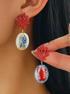 Oceanic Ceramic Shrimp Fish Earrings, Vintage Cute Geometric Hand-Painted Coral Studs, Perfect for Beach Holidays & Daily Wear
