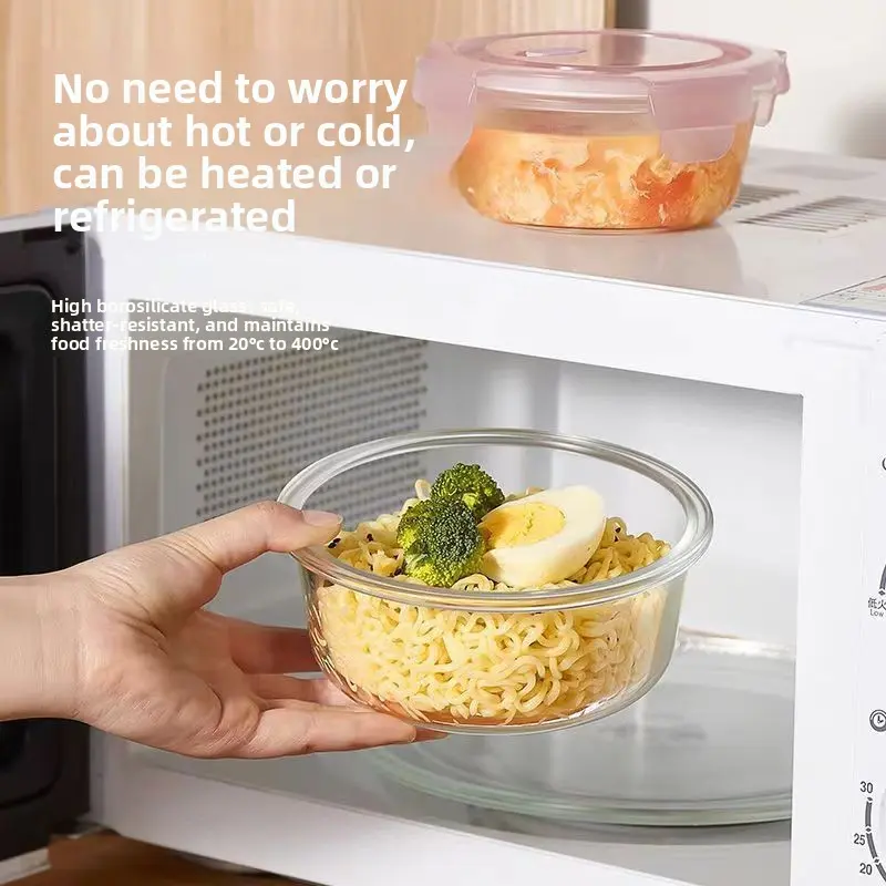 3pcs   Large Capacity Borosilicate Glass Lunch Box Microwave Safe Round Food Container for Office Workers Students Reusable Glass Bowl Bento Box