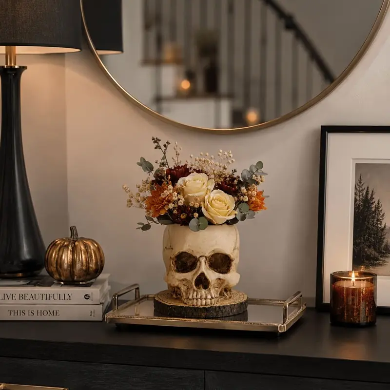 A resin-made skull flowerpot - an indoor and outdoor multi-functional plant decoration, an ideal choice for Halloween and the Day of the Dead festivals, Decorative Pot, Resin Planters