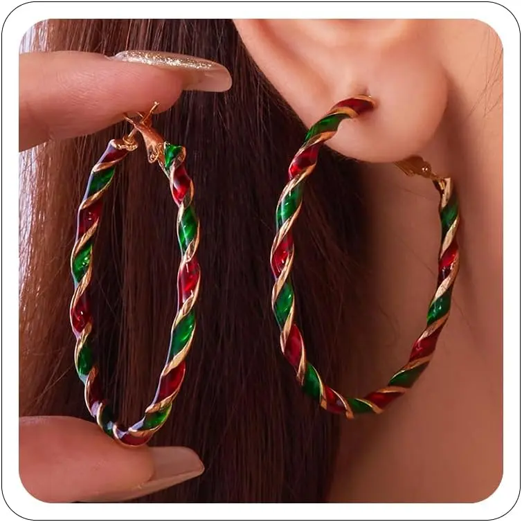 Christmas Earrings for Women Red Green Hoop Earrings Sparking Christmas Xmas  Festival Holiday Accessories Gifts