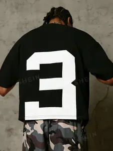 Men's Loose Drop Shoulder Short Sleeve T-Shirt, Back Large Number '3' Patch Print, American Street Hip Hop Style, Oversized Fashion Top