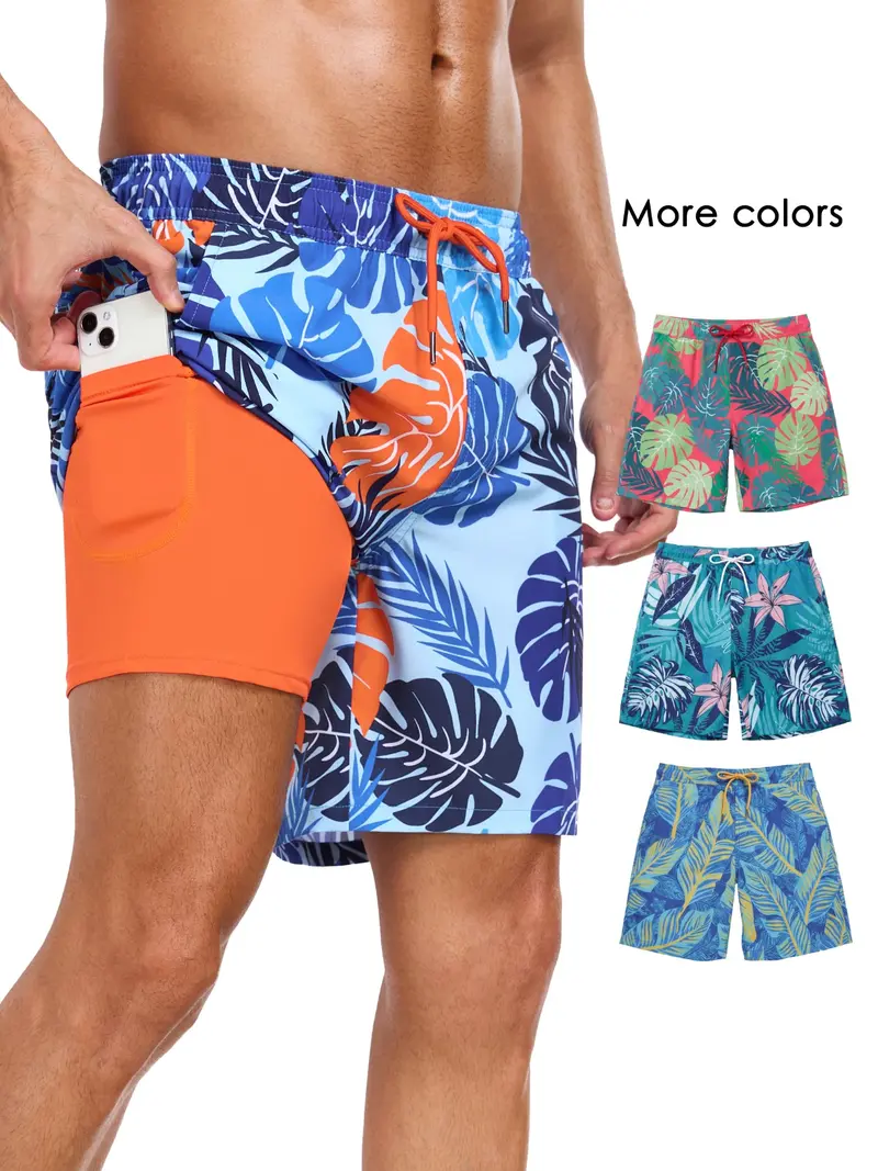 Men's 2-In-1 Swim Trunks, 7 Inch Swimming Shorts Beach Pants, Quick Dry Gym Shorts with Compression Lining, Gym Vacation Pool Wear