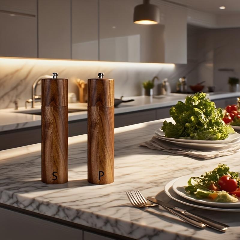 2/3pcs(2Grinder +base) Wooden Salt Pepper Grinder Set 8-Inch, Refillable Salt Pepper Mills Adjustable Coarseness, Acacia Wood Ceramic Core Manual Pepper Grinder, Kitchen Decor Dining ware Ideal Gift for Chefs, Perfect for Family BBQ Picnic Camping