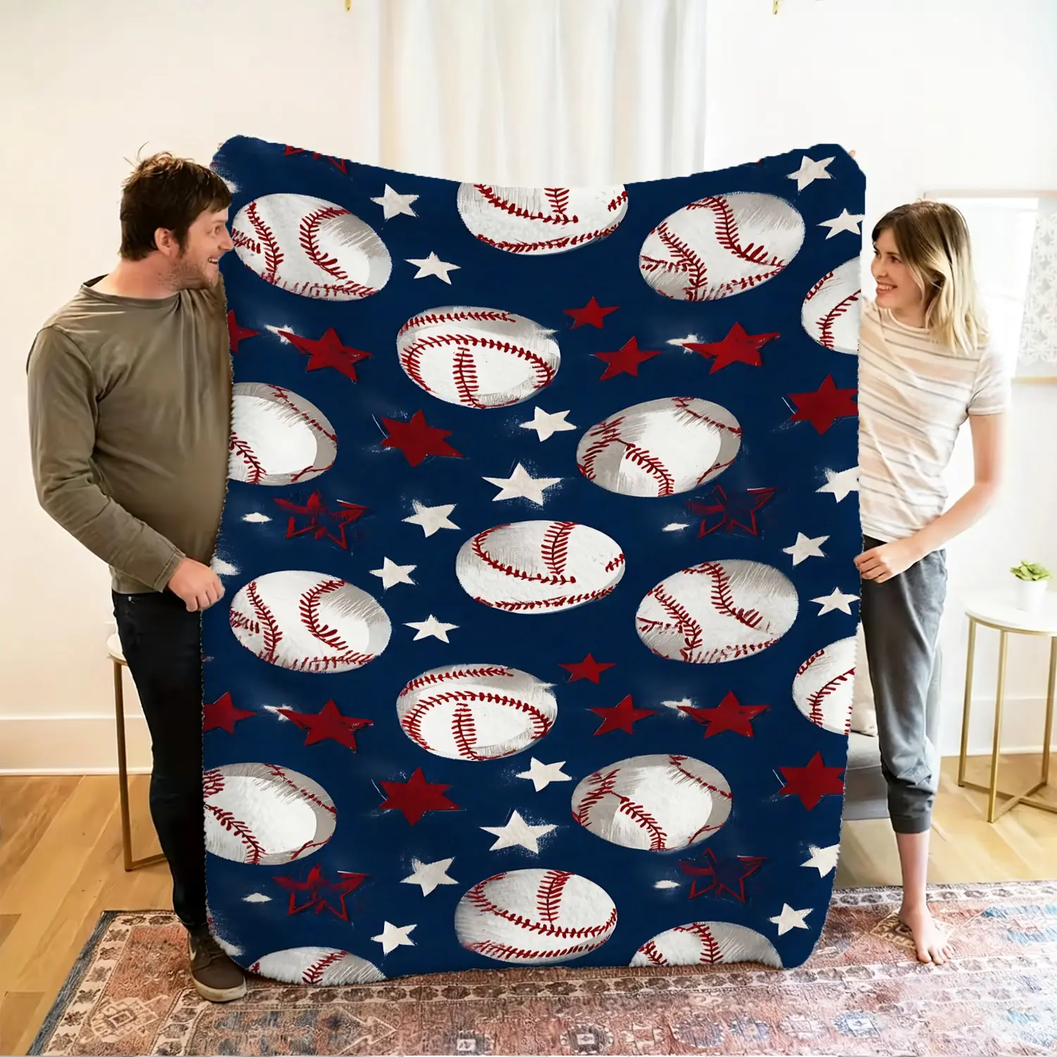 Navy Blue Vintage Baseball & Red White Star Printed Throw Blanket, Sporty Sofa Throw & Soft Bed Blanket for Baseball Fan Bedroom, Sports Lounge Couch, Decor Gift for Baseball Lovers & Sports Dads