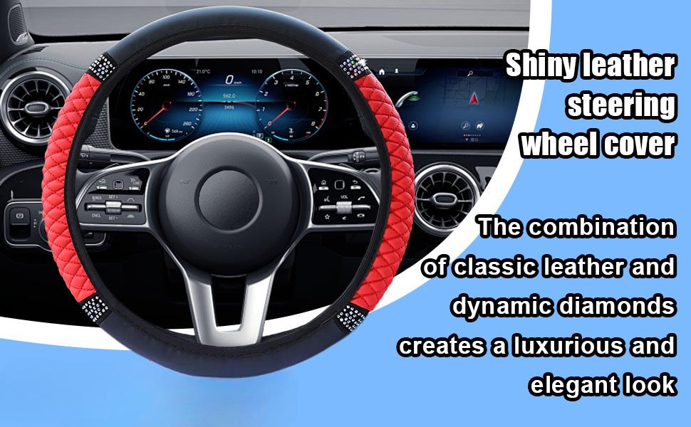 Bling Soft Leather Steering Wheel Cover, 15 Inch Colorful Rhinestones Auto Elastic Protector with Crystal Diamond for Women Girls, Car Accessories for Most