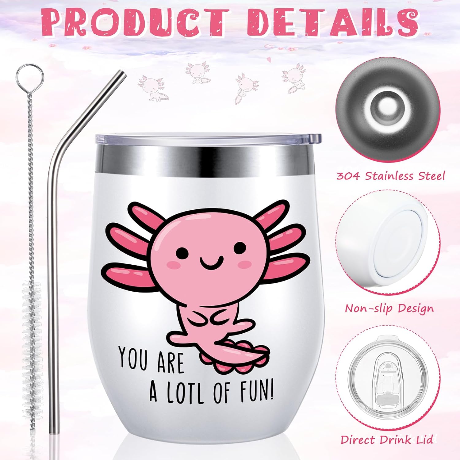 3 count Axolotl Wine Tumbler Gift Set Tumbler Cup Birthday Stainless Steel Tumbler with Lid Cosmetic Bag Keychain for Nurse Mothday's Graduation Birthday Themed Animal Lovers Gift, 12 Oz