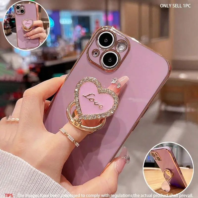 Foldable Aesthetic Heart Shaped Diamond Embedded Finger Ring Stand Phone Case, TPU Shockproof Phone Protective Cover, Cellphone Accessory, Phone Accessories for iPhone 17 16 Pro Max 15 14 13 12 11 Pro Max Plus